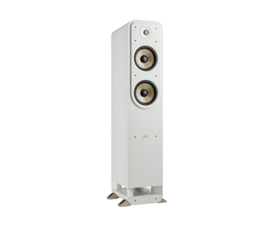 Boxă de podea albă Polk Audio Signature Elite ES55, vedere din unghi dreapta, cu două woofere și tweeter.