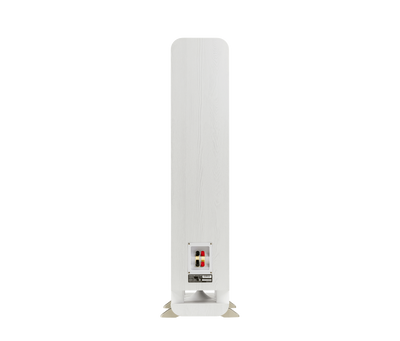 Spatele boxei Polk Audio Signature Elite ES55 alb, arătând conectorii de intrare pentru cabluri audio.