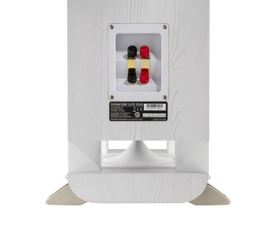Conectori spate Polk Audio Signature Elite ES55, culoare albă, cu terminale bi-wire și etichetă specificații.