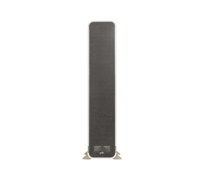 Boxa de podea Polk Audio Signature Elite ES55, vedere frontală, culoare albă, cu grilaj negru montat.