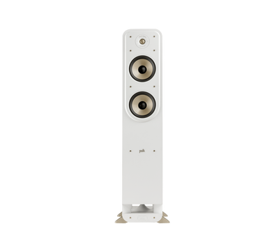 Boxa de podea albă Polk Audio Signature Elite ES55, vedere frontală, două difuzoare și un tweeter vizibile.