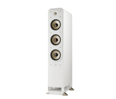 Boxa de podea albă Polk Audio Signature Elite ES60, vedere din unghi stânga, cu trei difuzoare vizibile.