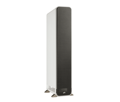 Boxă de podea Polk Audio Signature Elite ES60, unghi dreapta, albă, grilaj frontal negru, vedere laterală.