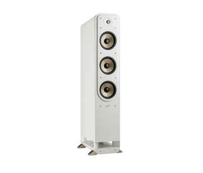 Boxă de podea albă Polk Audio Signature Elite ES60, vedere din unghi dreapta, trei difuzoare vizibile.
