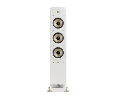 Boxa de podea Polk Audio Signature Elite ES60, vedere frontală, culoare albă, cu trei difuzoare vizibile.
