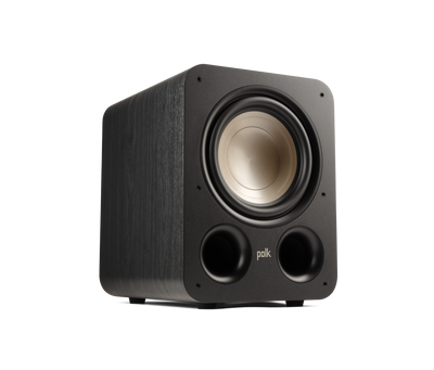 Subwoofer Polk Audio Signature Elite ES10, vedere frontală, culoare neagră, difuzor și două porturi vizibile.