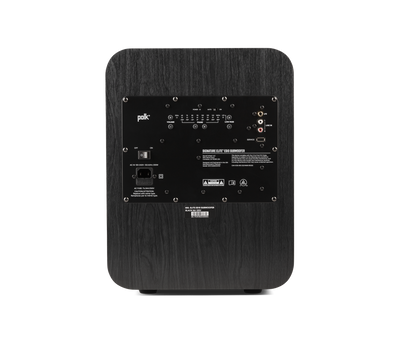 Subwoofer Polk Audio Signature Elite ES10, vedere din spate, culoare neagră, panou de control și conexiuni.