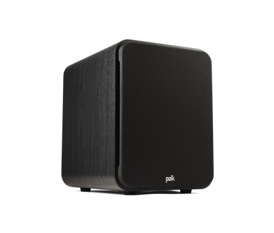 Subwoofer Polk Audio Signature Elite ES10, vedere din față și lateral, culoare neagră, logo vizibil.
