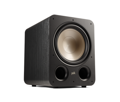 Subwoofer Polk Audio Signature Elite ES12, vedere din față, culoare neagră, difuzor și porturi vizibile.