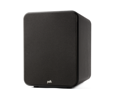 Subwoofer Polk Audio Signature Elite ES12, vedere din față, culoare neagră, grilaj frontal vizibil.