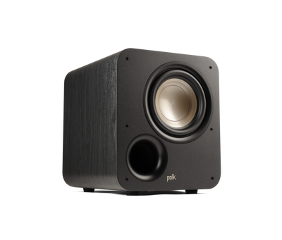 Subwoofer Polk Audio Signature Elite ES8, vedere laterală, culoare neagră, difuzor frontal și port bas.