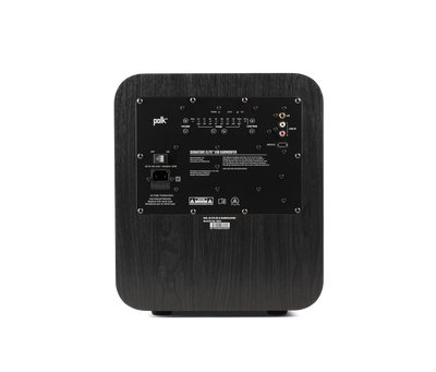 Subwoofer Polk Audio Signature Elite ES8, vedere din spate, culoare neagră, panou de control și conexiuni.