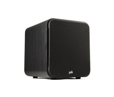 Subwoofer Polk Audio Signature Elite ES8, vedere din unghi lateral, culoare neagră, logo Polk vizibil.