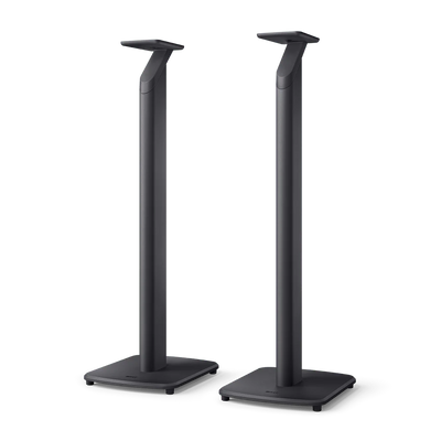Suporturi negre KEF S1 pentru boxe active KEF LSX II, vedere frontală, bază stabilă și montaj sigur.