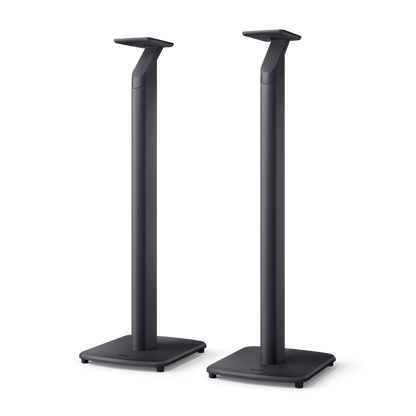 Suporturi negre KEF S1 pentru boxe active KEF LSX II, vedere frontală, bază stabilă și montaj sigur.