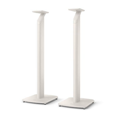 Suporturi albe KEF S1 pentru boxe active KEF LSX II, vedere frontală, bază stabilă și prindere superioară.