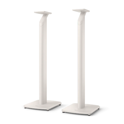 Suporturi albe KEF S1 pentru boxe active KEF LSX II, vedere frontală, bază stabilă și prindere superioară.