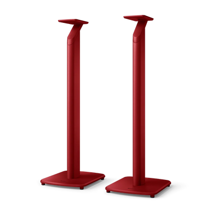 Suport KEF S1 roșu pentru boxe active KEF LSX II, vedere frontală, bază stabilă și montaj superior.