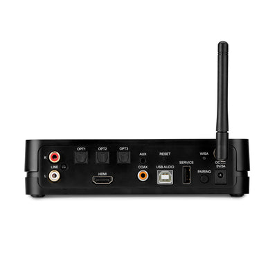 TRIANGLE-CAPELLA-HUB vedere din spate, porturi HDMI, USB, OPT1-3, AUX, COAX, WiSA și antenă neagră.
