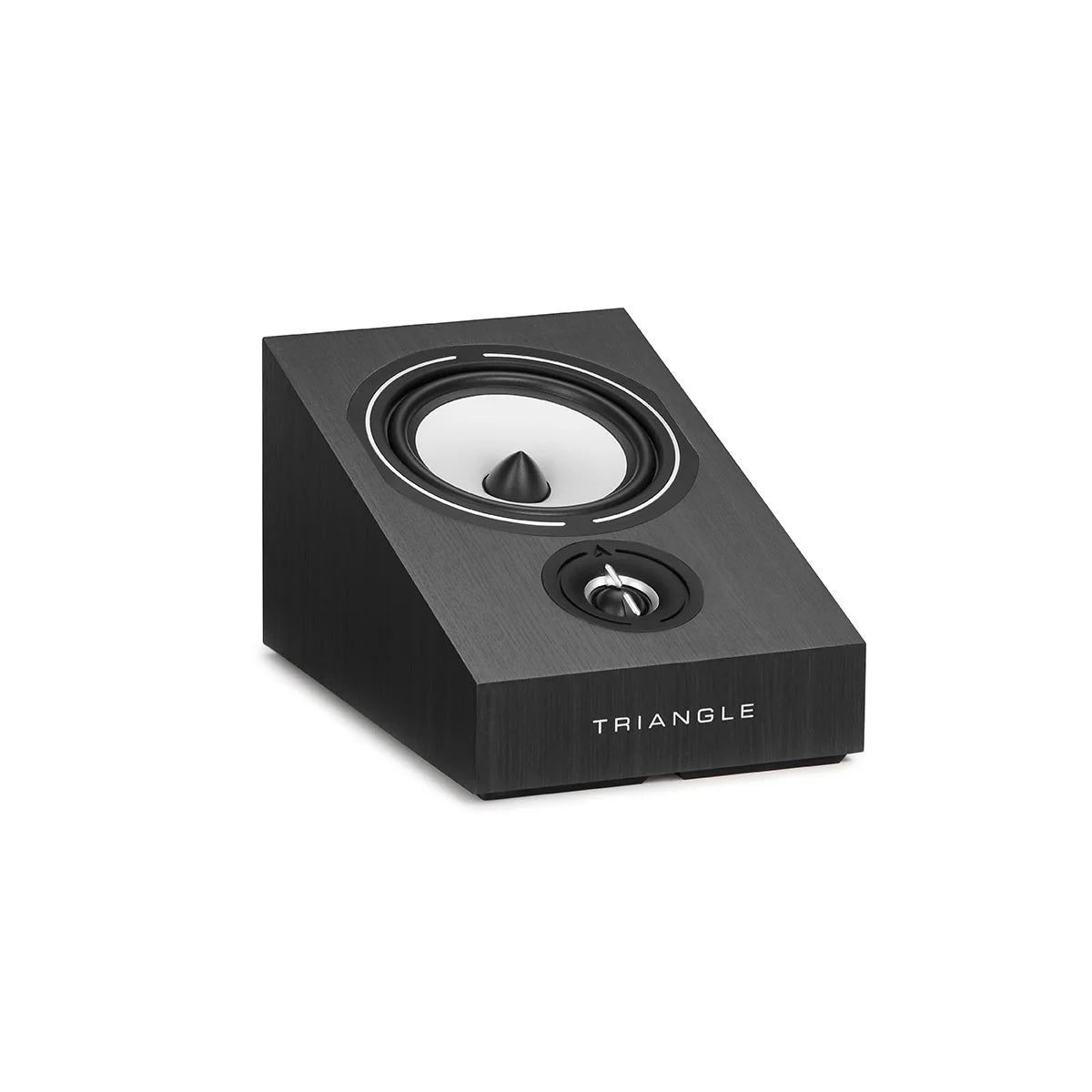 Boxă neagră Triangle Borea BRA1 Dolby Atmos, vedere laterală, difuzor și tweeter expuse, marcaj TRIANGLE.#color_black-ash