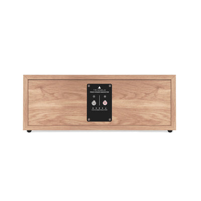 Spatele boxei Triangle Borea BRC1, culoare stejar deschis, arată conectorii pentru cablaj audio central.