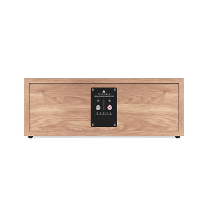 Spatele boxei Triangle Borea BRC1, culoare stejar deschis, arată conectorii pentru cablaj audio central.