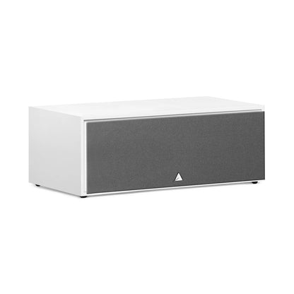 Boxa centrală Triangle Borea BRC1 albă, vedere laterală. Grilaj frontal gri vizibil, siglă distinctă. Ideală pentru home theater.