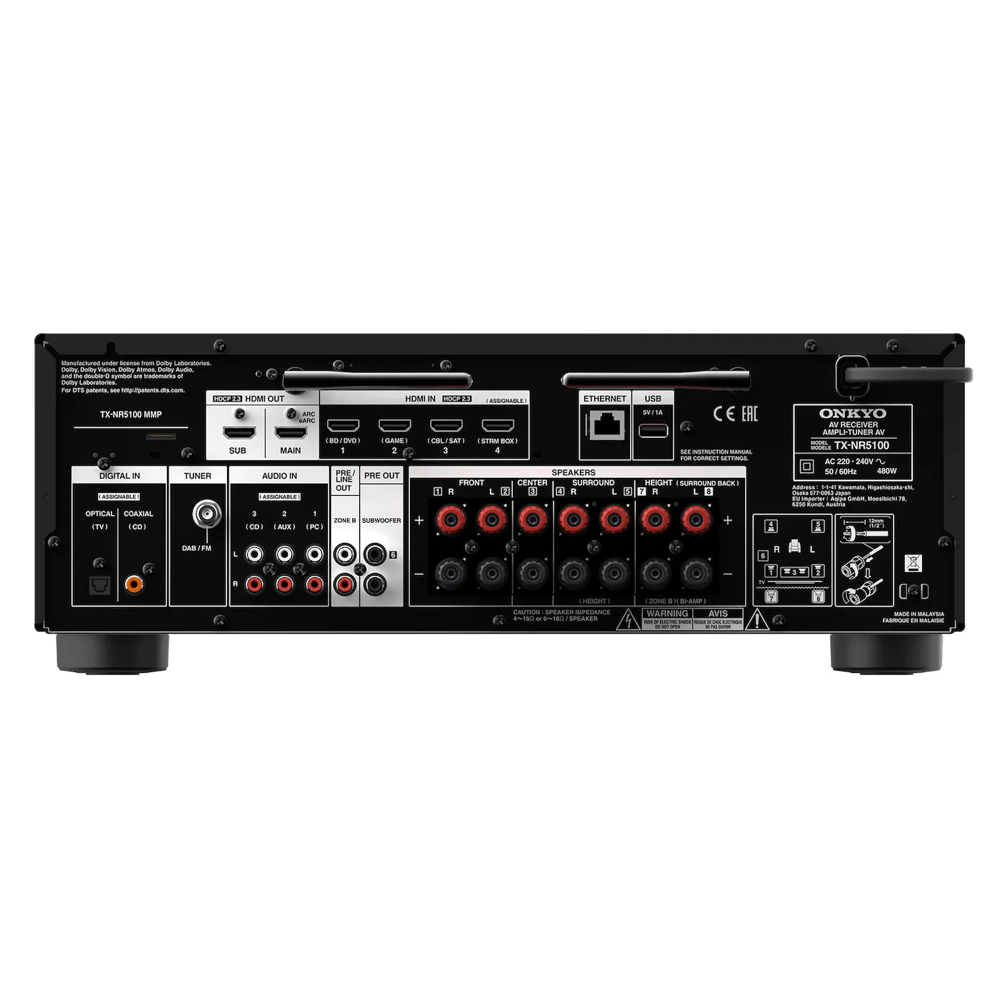 Spatele receiverului AV Onkyo TX-NR5100 negru, cu porturi HDMI, USB, Ethernet și ieșiri pentru boxe.