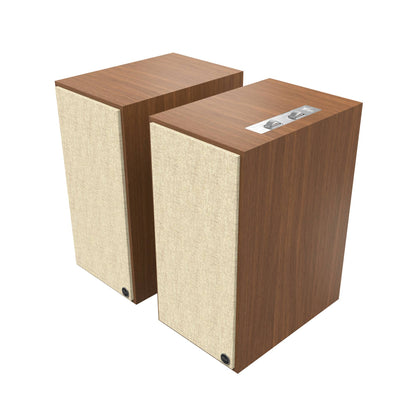 Boxe active Klipsch The Nines culoare nuc, vedere de sus-spate cu grile frontale montate și panou control.
