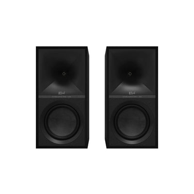 Boxe active Klipsch The Nines negre, vedere frontală fără grilaj, cu woofer și tweeter expuse.