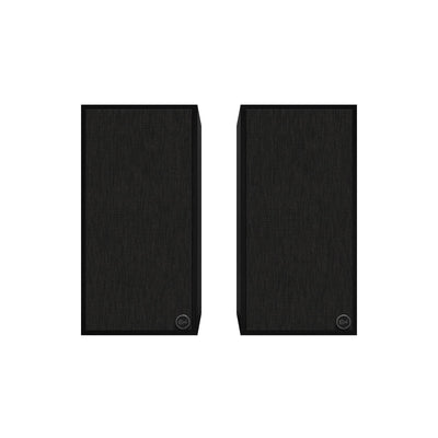 Boxe active Klipsch The Sevens negre, vedere frontală cu grilajul montat, afișate ca pereche.