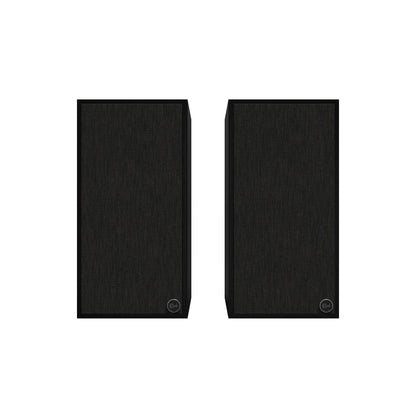 Boxe active Klipsch The Sevens negre, vedere frontală cu grilajul montat, afișate ca pereche.