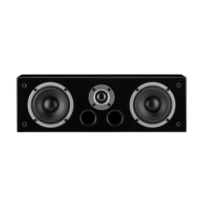 Boxă centru Wilson Vocal EL, vedere frontală, culoare neagră. Vizibile: două woofere, tweeter central, două porturi bas reflex. Ideal pentru home theater.