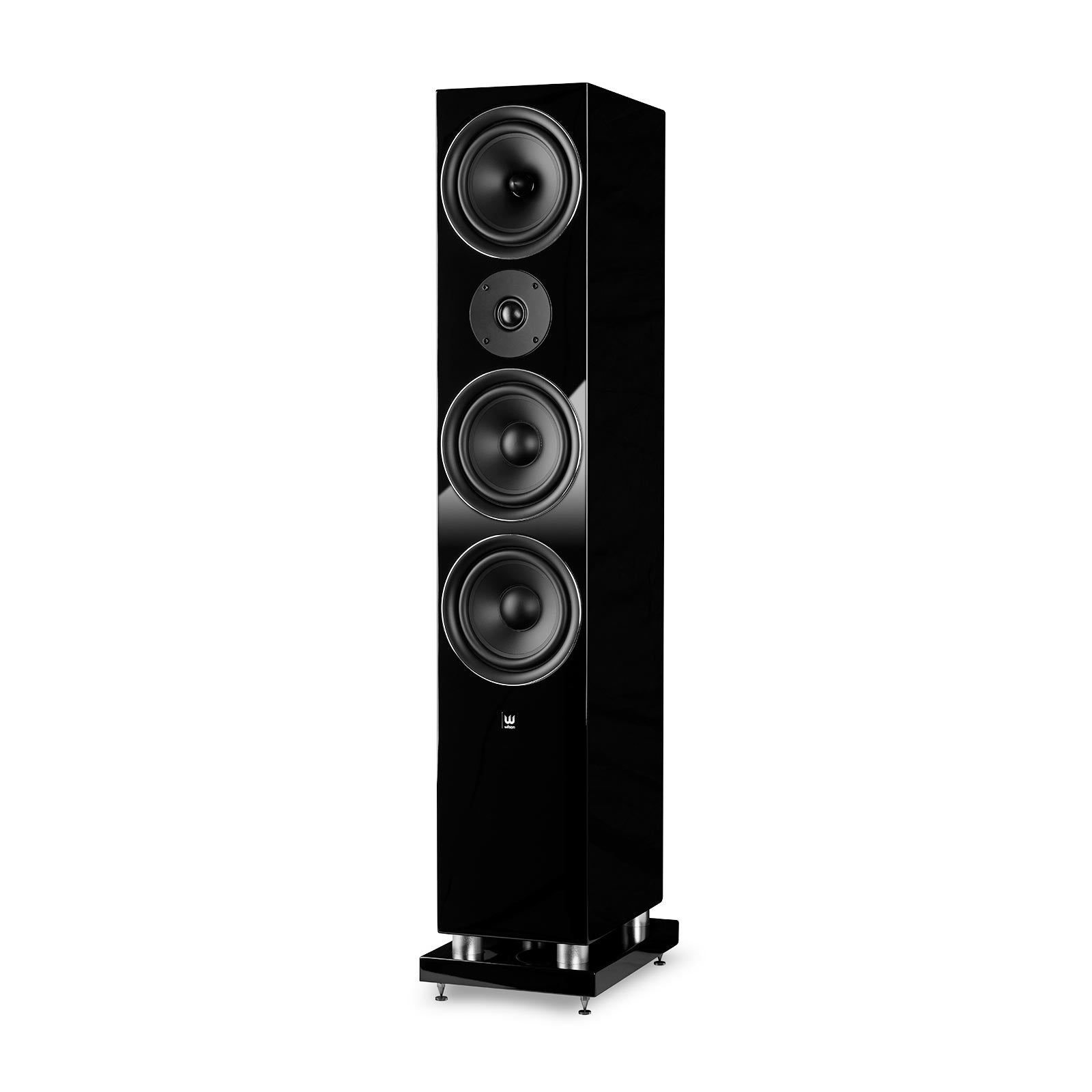 Boxă de podea Wilson Exclusive 10, vedere frontală, negru lucios, 3 difuzoare mari și un tweeter central.#color_black