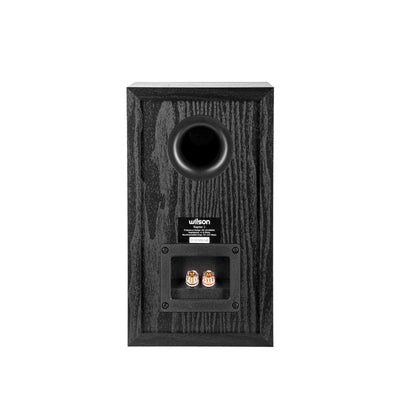 Spatele boxei Wilson Raptor 1 Black, arată conectorii audio și portul bass reflex. Textură lemn negru.
