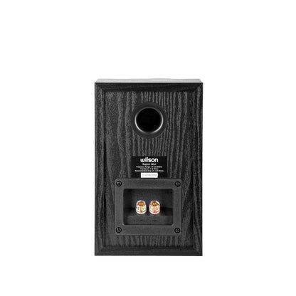 Spatele boxei Wilson Raptor Mini neagră, arată portul bass reflex și conectorii audio pentru cabluri.