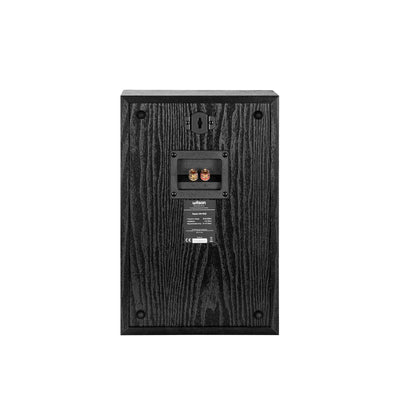 Spatele boxei Wilson Raptor ON-WALL negru, arată conectorii și suportul de montare pe perete.