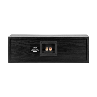 Spatele boxei Wilson Raptor Vocal, culoare neagră, arată conectorii și eticheta produsului. Ideal pentru sisteme home theater.