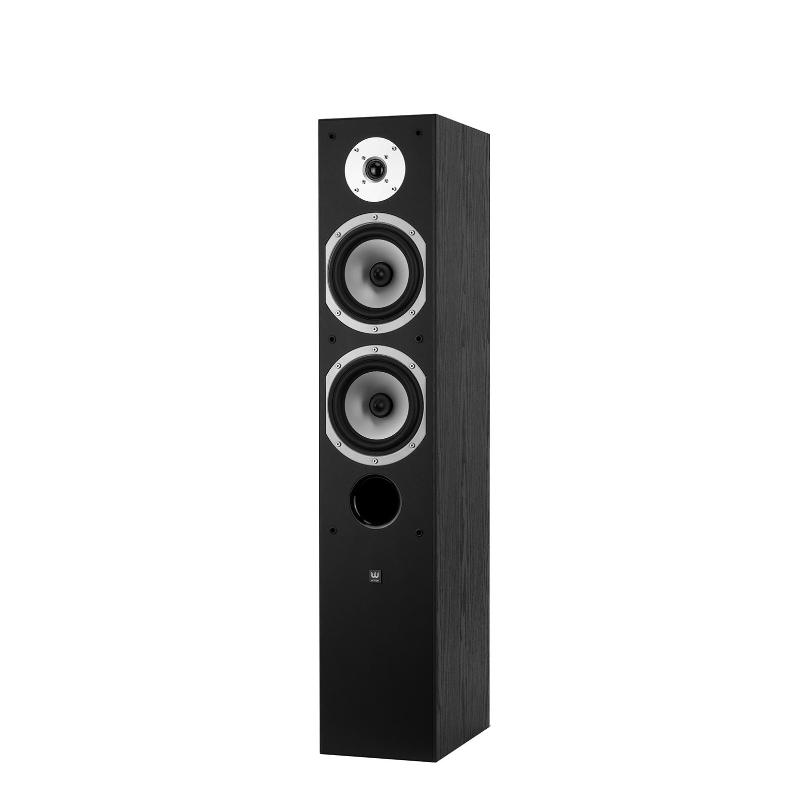 Boxă de podea Wilson Digits Six, culoare Black Oak, vedere frontală. Prezintă două difuzoare mari și un tweeter.#color_black