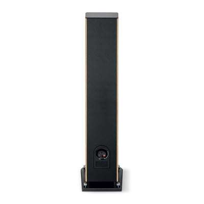 Focal ARIA EVO X N3 Boxe de podea, vedere din spate, culoare nuc, conectori vizibili pentru cabluri audio.