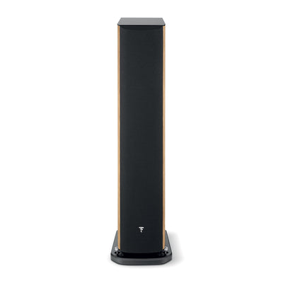 Boxa de podea Focal ARIA EVO X N3, vedere frontală, culoare nuc, grilaj negru, bază solidă pentru stabilitate.