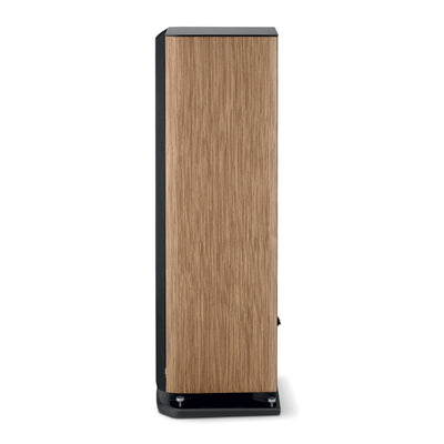 Boxă de podea Focal ARIA EVO X N3, profil lateral, finisaj nuc, bază neagră, detalii structurale vizibile.