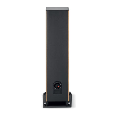 Focal ARIA EVO X N4 Boxe de podea, vedere din spate, culoare nuc, conectori vizibili, bază stabilă.
