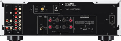 Spatele amplificatorului Yamaha A-S701 negru, arată intrările optice și coaxiale, și porturile pentru boxe.