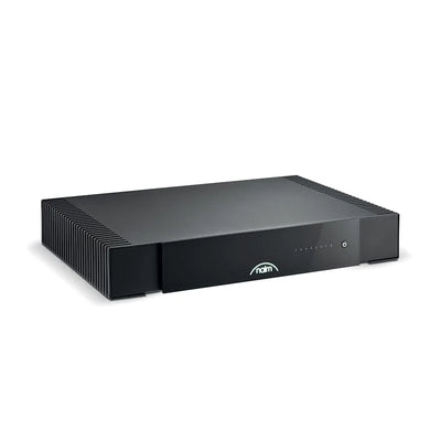 Amplificator Naim CI-NAP 108 negru, vedere frontală laterală dreapta, logo iluminat și buton power vizibil.