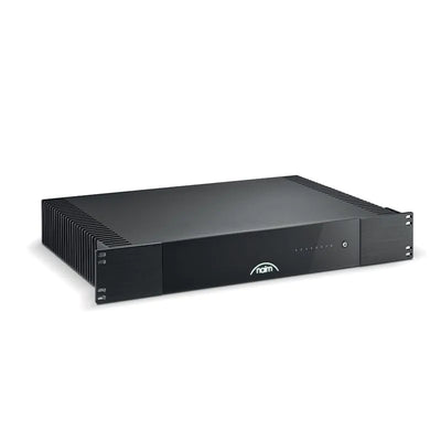 Amplificator Naim CI-NAP 108, vedere frontală laterală, culoare negru, logo iluminat și grile răcire.