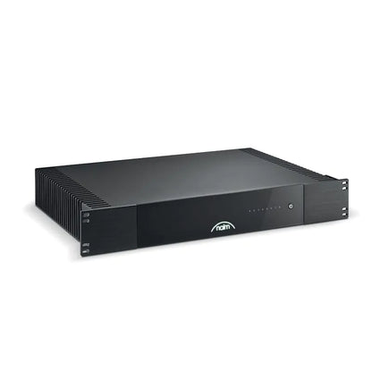 Amplificator Naim CI-NAP 108, vedere frontală laterală, culoare negru, logo iluminat și grile răcire.