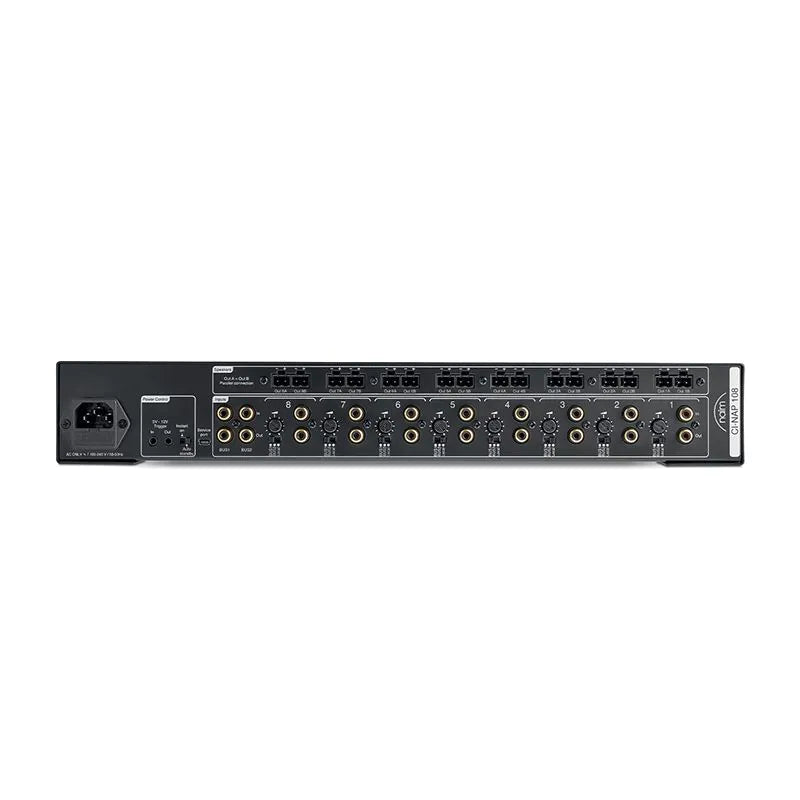Spatele amplificatorului Naim CI-NAP 108 negru, cu 8 canale RCA, porturi trigger și conectori de ieșire.