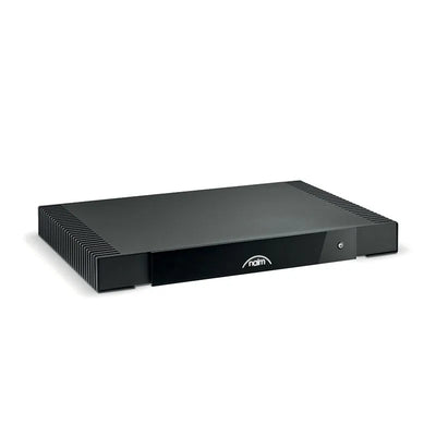 Amplificator Naim CI-NAP 101 negru, vedere frontală laterală, cu grile de răcire și buton pornire.