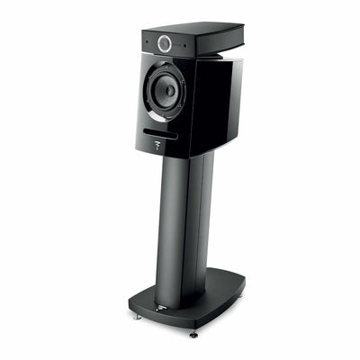 Focal Diablo Utopia Colour Evo Boxe de raft, vedere laterală, negru, pe suport. Woofer și tweeter vizibile.